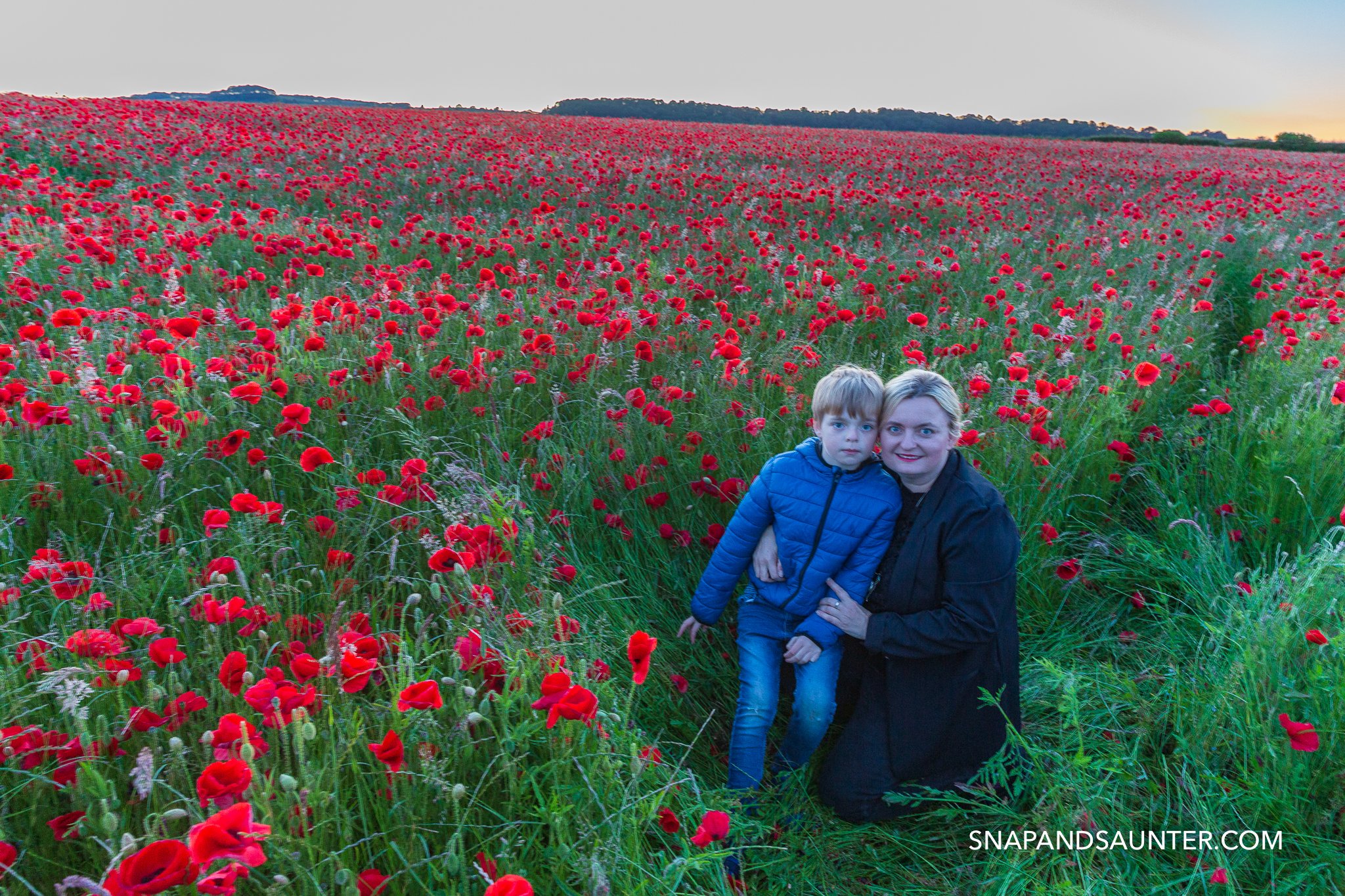a boy with mother surrounded by a poppy field