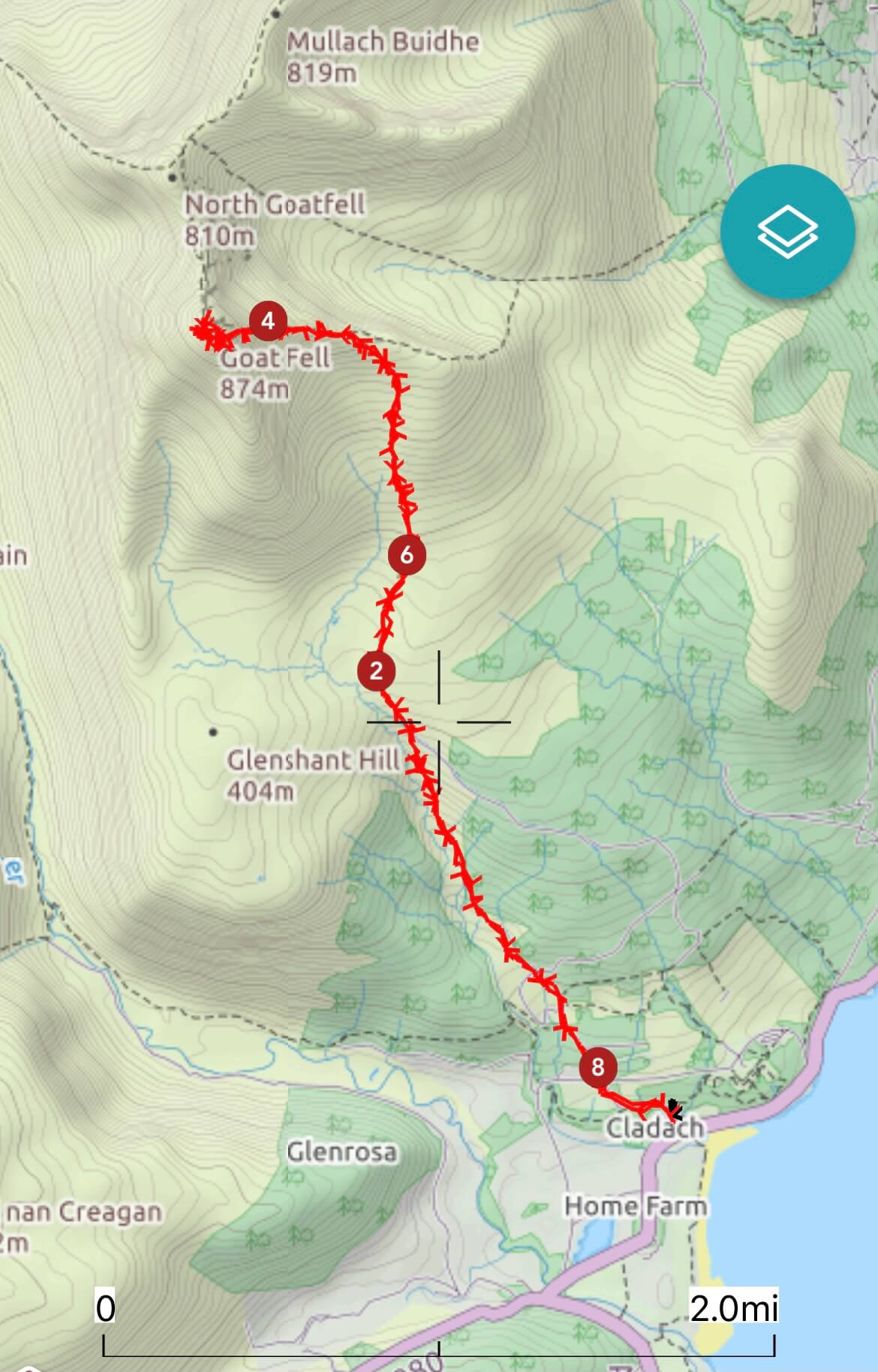 OS map route to Goatfell summit from Cladach